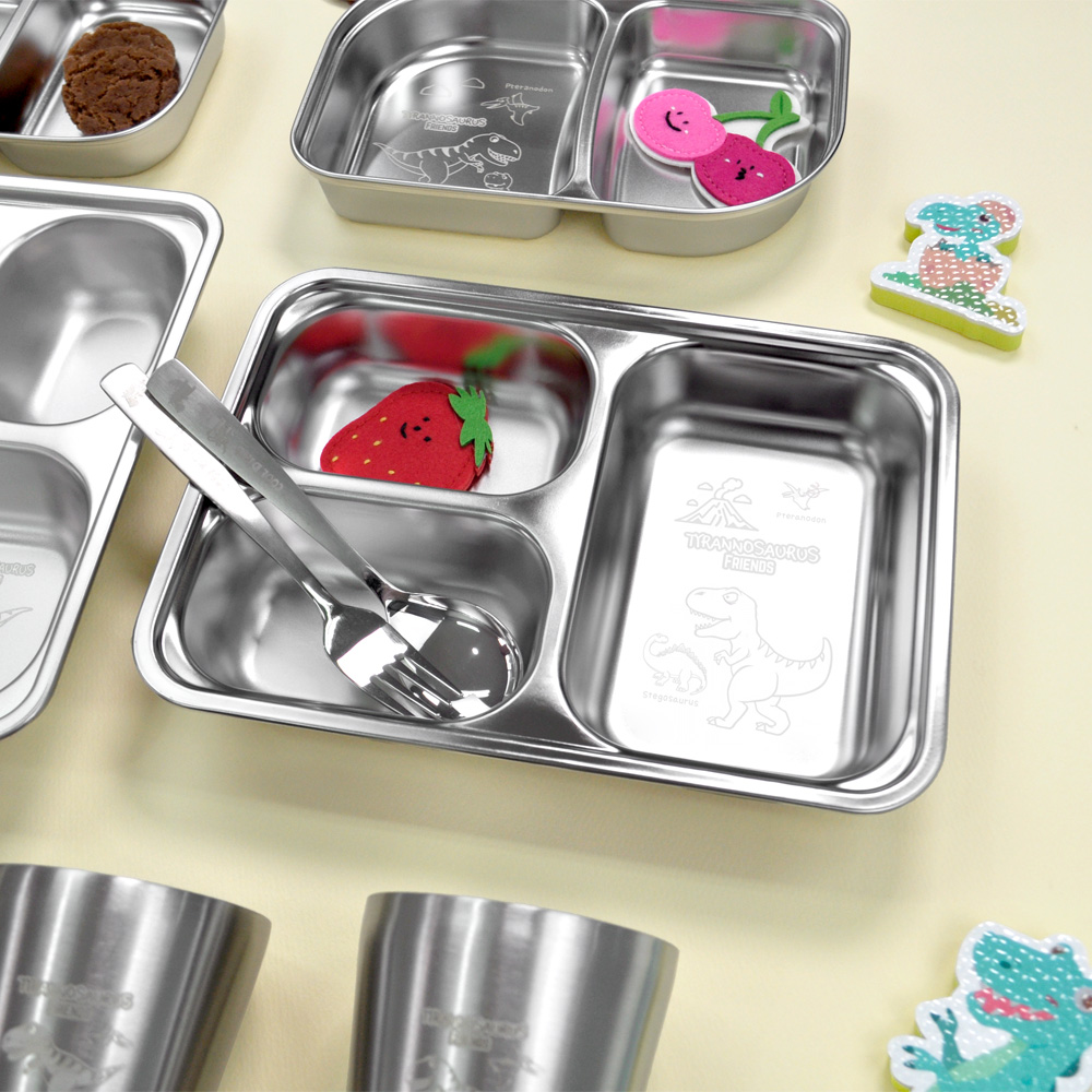 키친유 티라노 캐릭터 스텐304 3칸 깊은 간식 식판 나눔접시 유아 어린이 이유식 식기