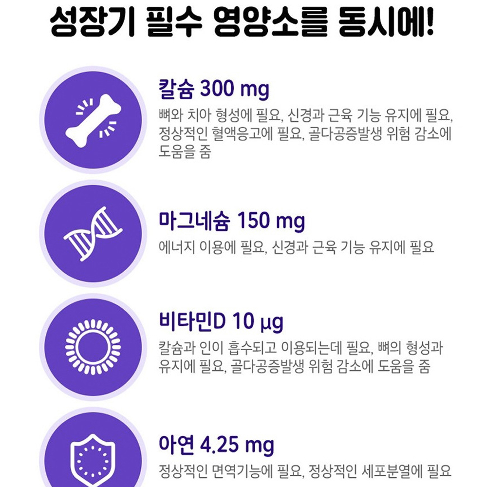 키즈 칼슘 마그네슘 비타민d 아연 씹어먹는 츄어블 90정 중학생 키 영양제 업 - 상세 이미지 4