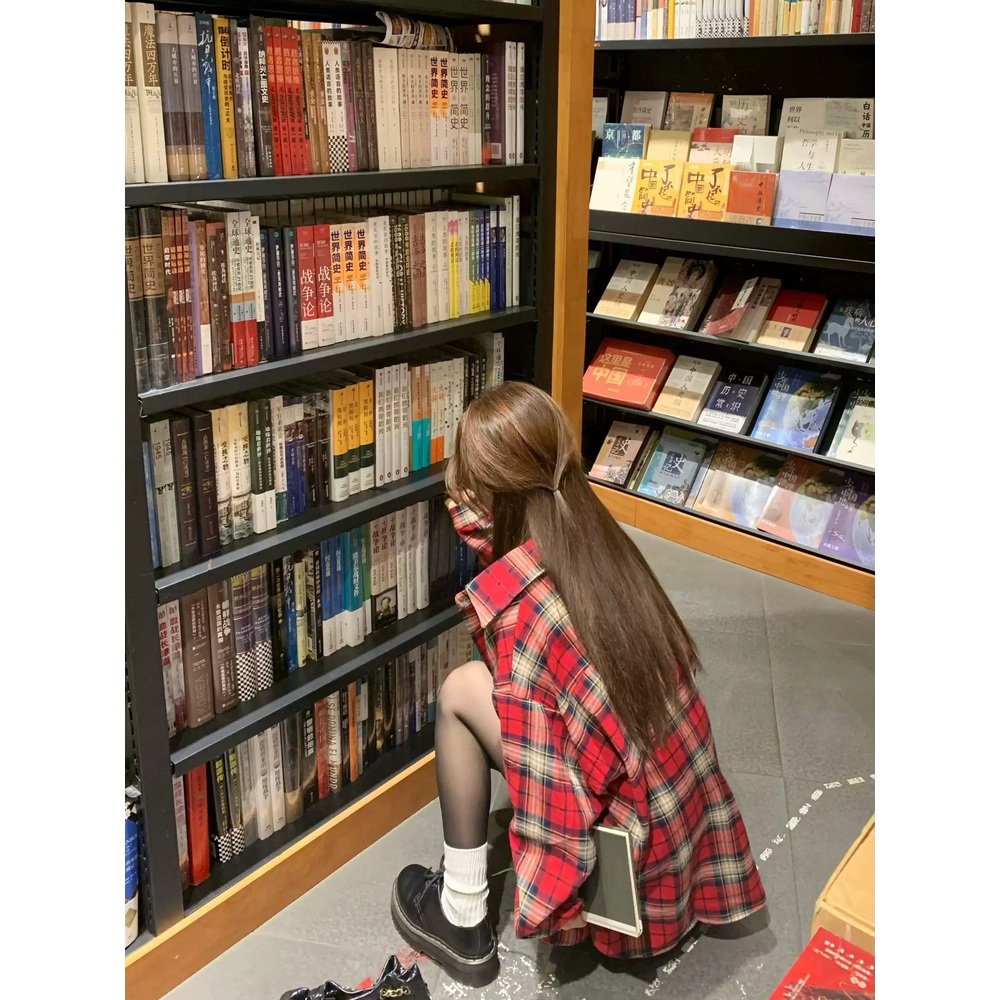 레드 체크 셔츠 남방 루즈핏 빈티지 레트로 봄 여배우 드라마 패션 심플 아이돌 공항패션 - 상세 이미지 3