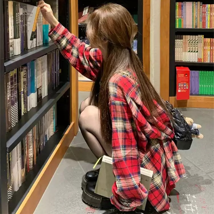 레드 체크 셔츠 남방 루즈핏 빈티지 레트로 봄 여배우 드라마 패션 심플 아이돌 공항패션 - 상품 이미지
