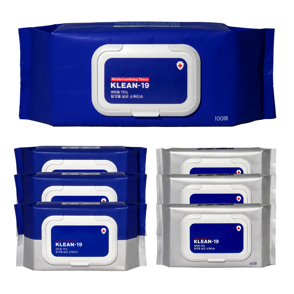 KLEAN-19 에탄올 75% 소독티슈 세정티슈 알콜 살균 차량용 캠핑 애견패드 60매