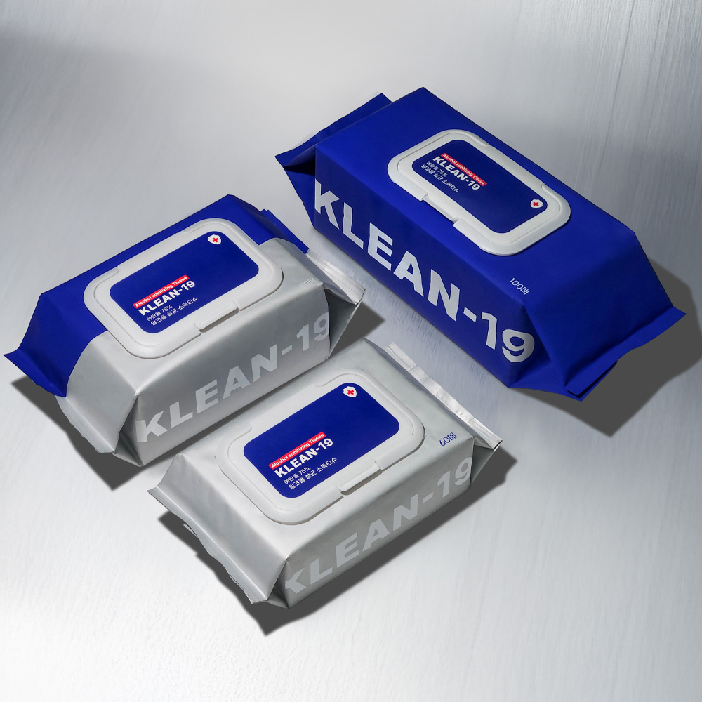 KLEAN-19 에탄올 75% 소독티슈 세정티슈 알콜 살균 차량용 캠핑 애견패드 60매
