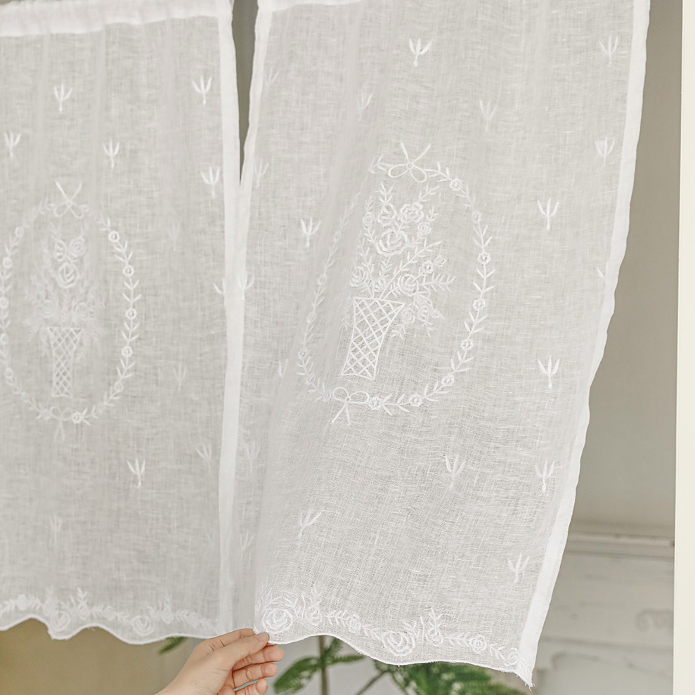 로잘리 프렌치 고급 린넨 자수 주방 작은 창문 바란스 가리개 미니 커튼 패브릭 가림막