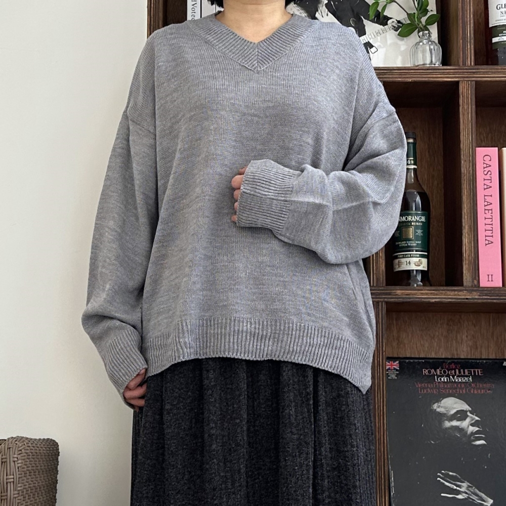 빅사이즈 브이넥 긴팔 박시 니트 티 봄 가을 그레이 브라운 네이비 핑크 데일리 티셔츠