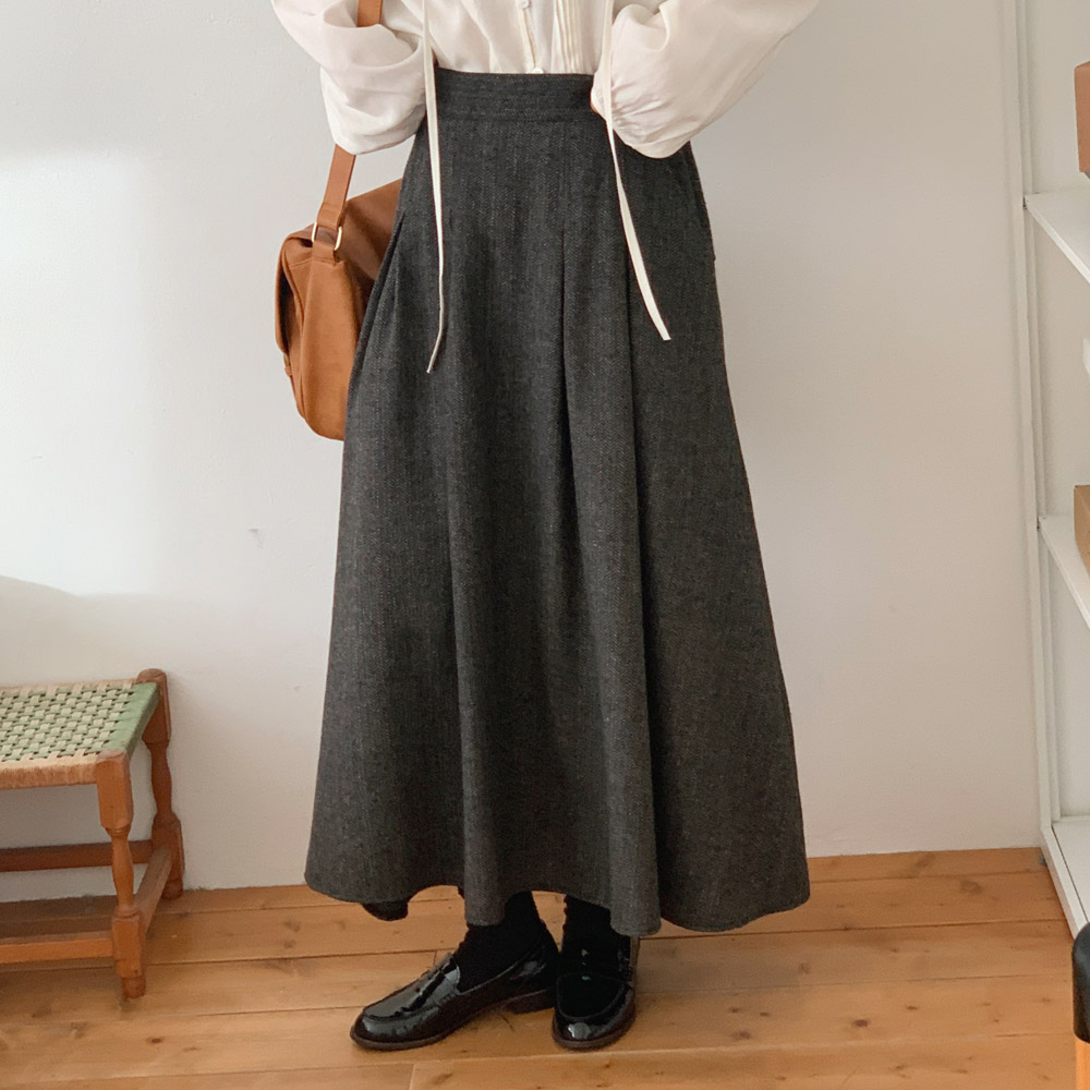 울 헤링본 스커트 겨울 치마 뒷밴딩 핀턱 체형커버 주름 플레어 모직 롱스커트 제품 이미지