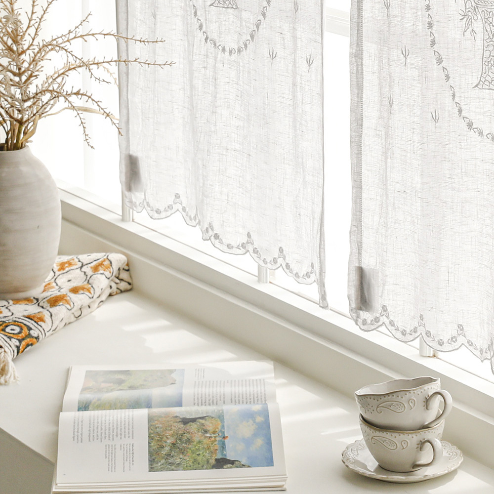 로잘리 프렌치 고급 린넨 자수 주방 작은 창문 바란스 가리개 미니 커튼 패브릭 가림막