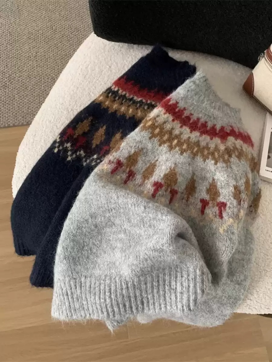 라운드넥 노르딕패턴 니트 빈티지 레트로 북유럽풍 심플 디자인 연말 가을겨울 네이비 그레이 - 상세 이미지 5