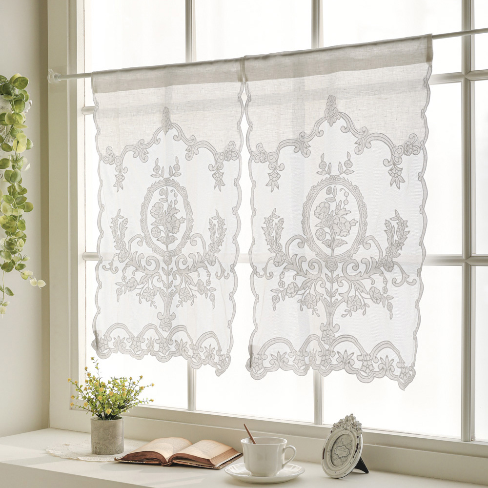 로잘리 프렌치 고급 린넨 자수 주방 작은 창문 바란스 가리개 미니 커튼 패브릭 가림막