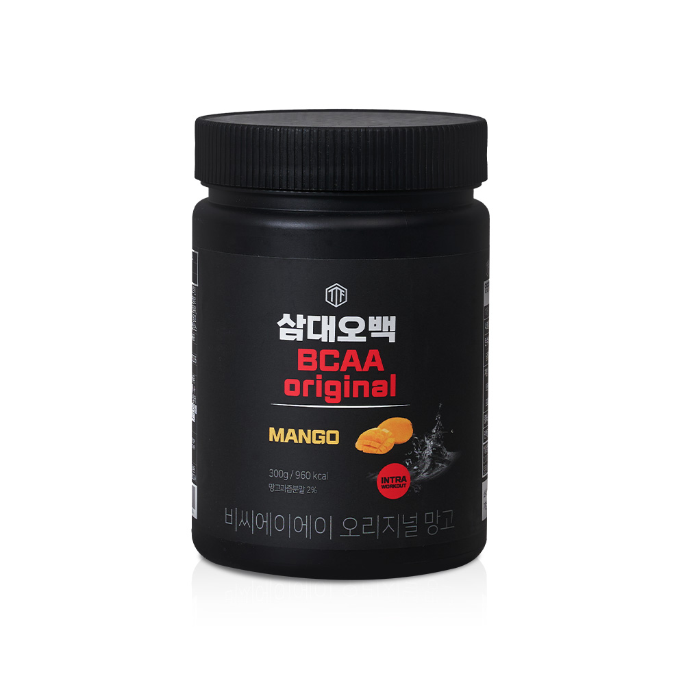 검은색 용기에 담긴 삼대오백 BCAA 망고맛 제품의 정면 사진