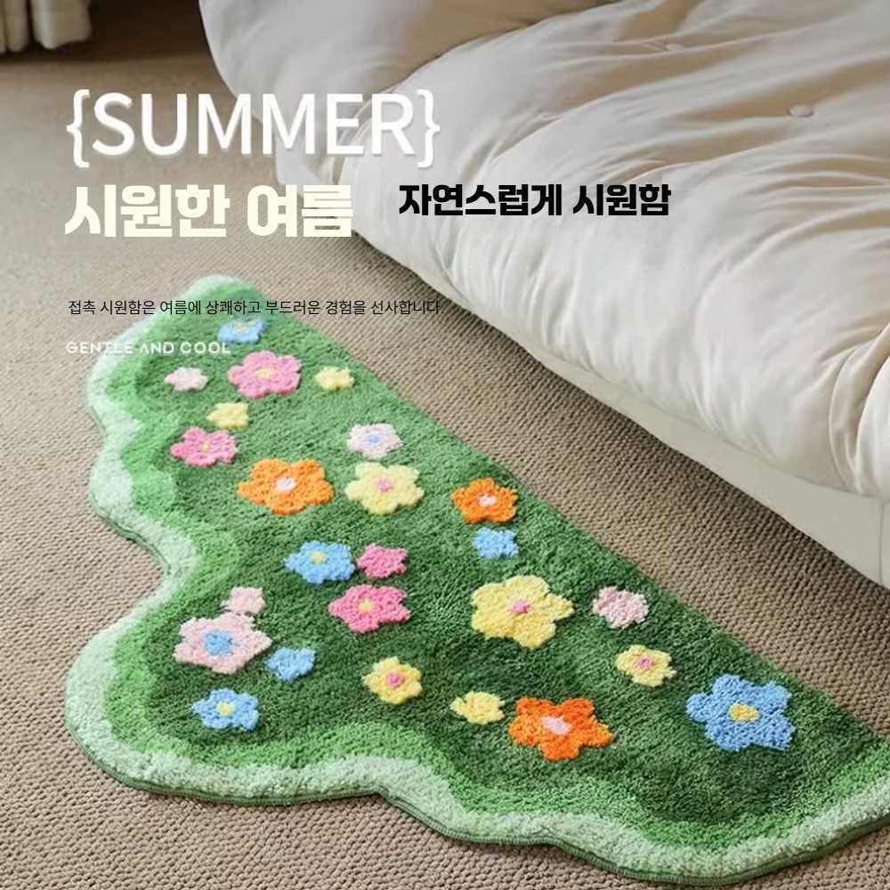 고캠프 꽃밭러그 플라워 원룸러그 침실 잔디러그 꽃밭 100x200cm 초록 잔디 - 상품 이미지