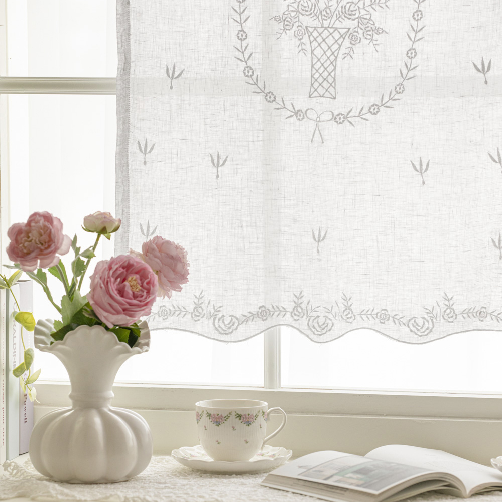 로잘리 프렌치 고급 린넨 자수 주방 작은 창문 바란스 가리개 미니 커튼 패브릭 가림막