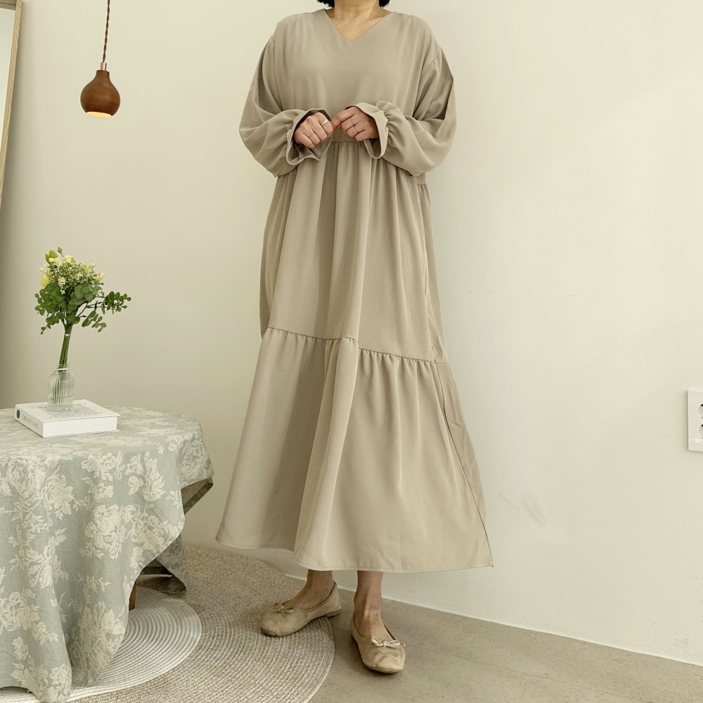 빅사이즈 자체제작 A라인 2단 캉캉 V넥 롱 원피스 긴팔 셔링소매 프릴 하객 정장 오피스