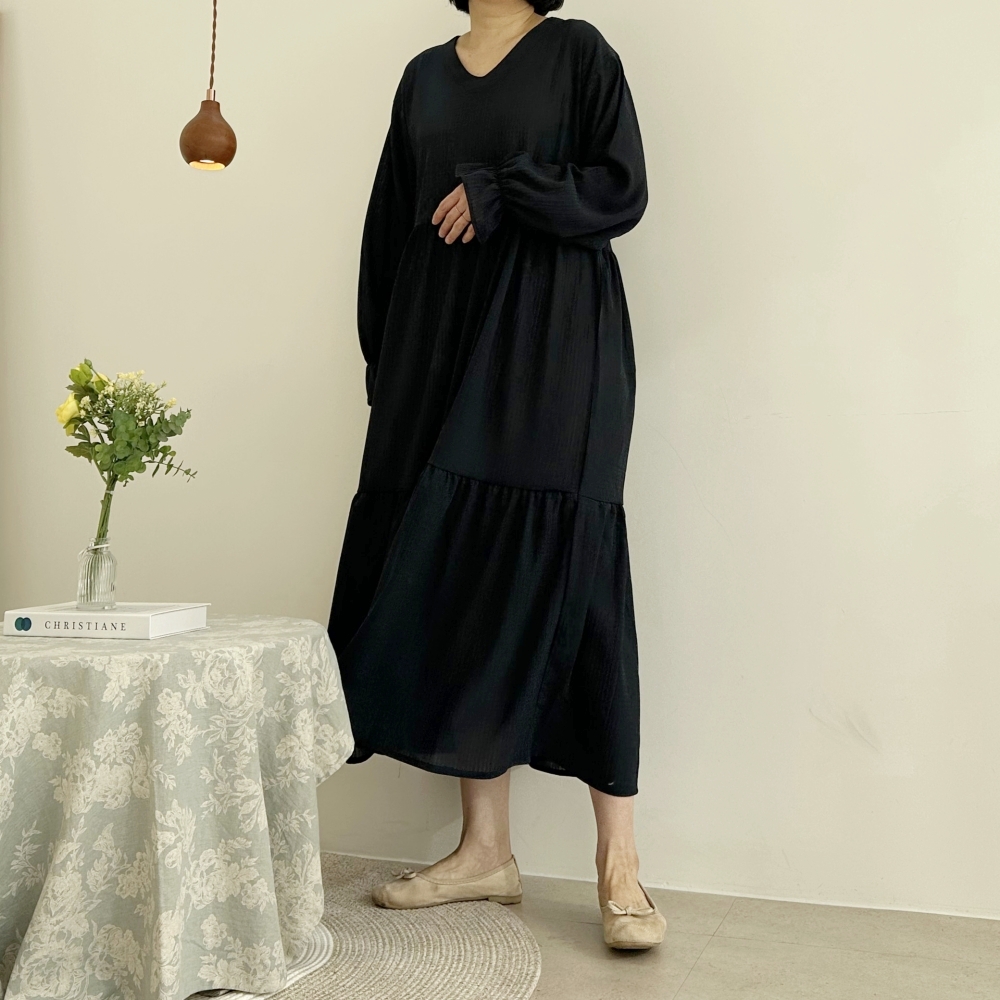 빅사이즈 자체제작 A라인 2단 캉캉 V넥 롱 원피스 긴팔 셔링소매 프릴 하객 정장 오피스