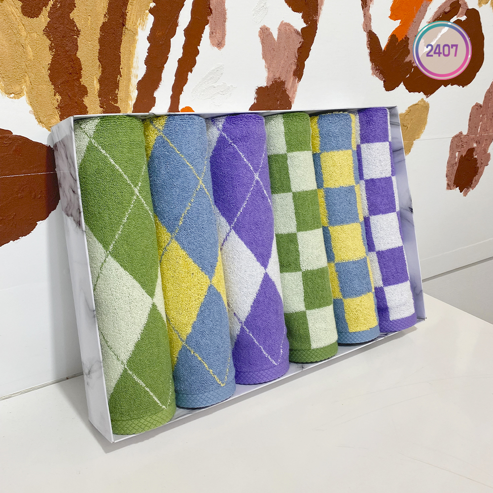 아가일 체크 패턴수건 체커보드 뱀부타올 프리미엄 호텔수건 6매 선물세트