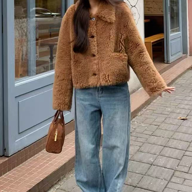 포근한 양털 숏코트 브라운 캐주얼 겨울 데일리 아우터 - 상품 이미지