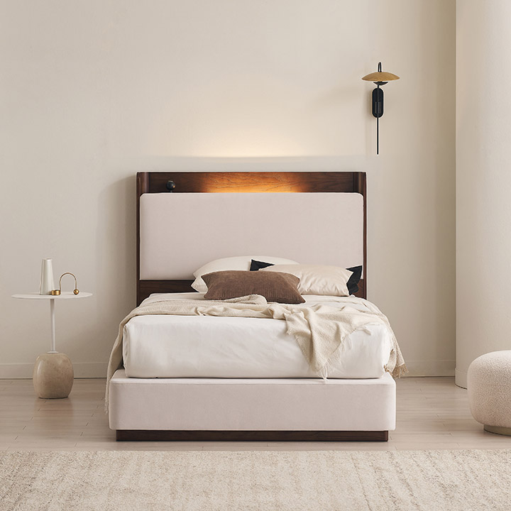 삼익가구 누오브 LED조명 패브릭 원목 침대 매트 -슈퍼싱글 7존독립스프링, 월넛