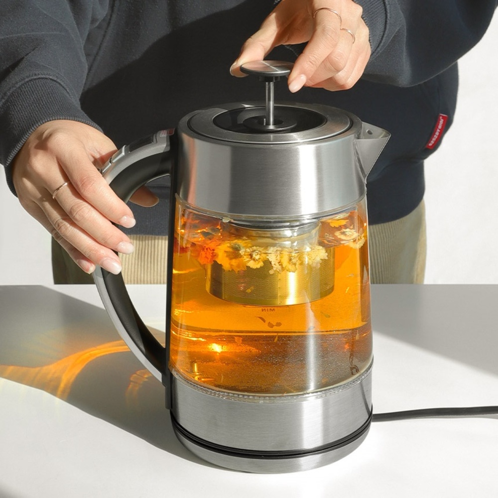 리젠 무선 분유 티포트 1.7L 내열 유리 투명 온도조절 전기주전자 커피 전기 포트