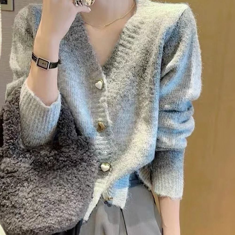 봄 그라데이션 가디건 파스텔 브이넥 무지개 하트단추 - 상세 이미지 3