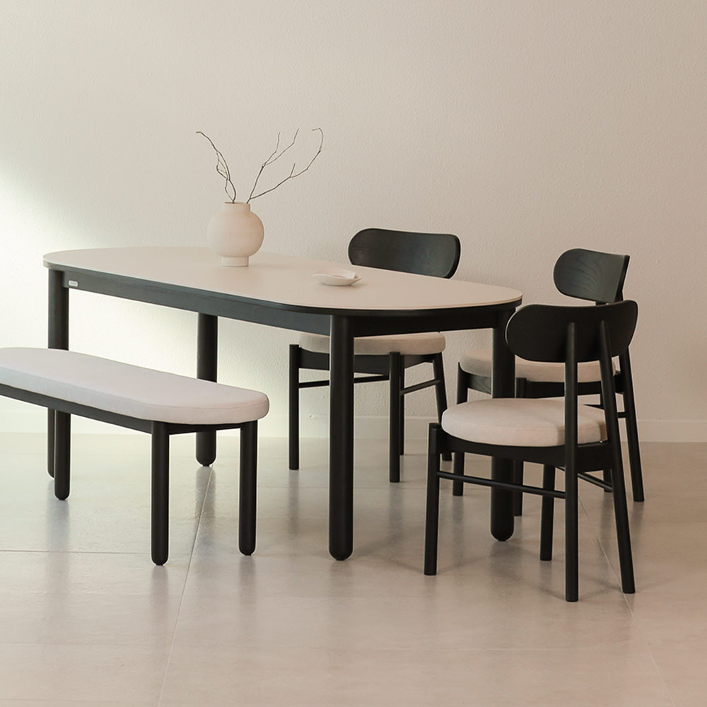 라미에스 유니 블랙 애쉬 원목 포세린 세라믹 라운드 식탁세트 4인용 1400 의자2 벤치1