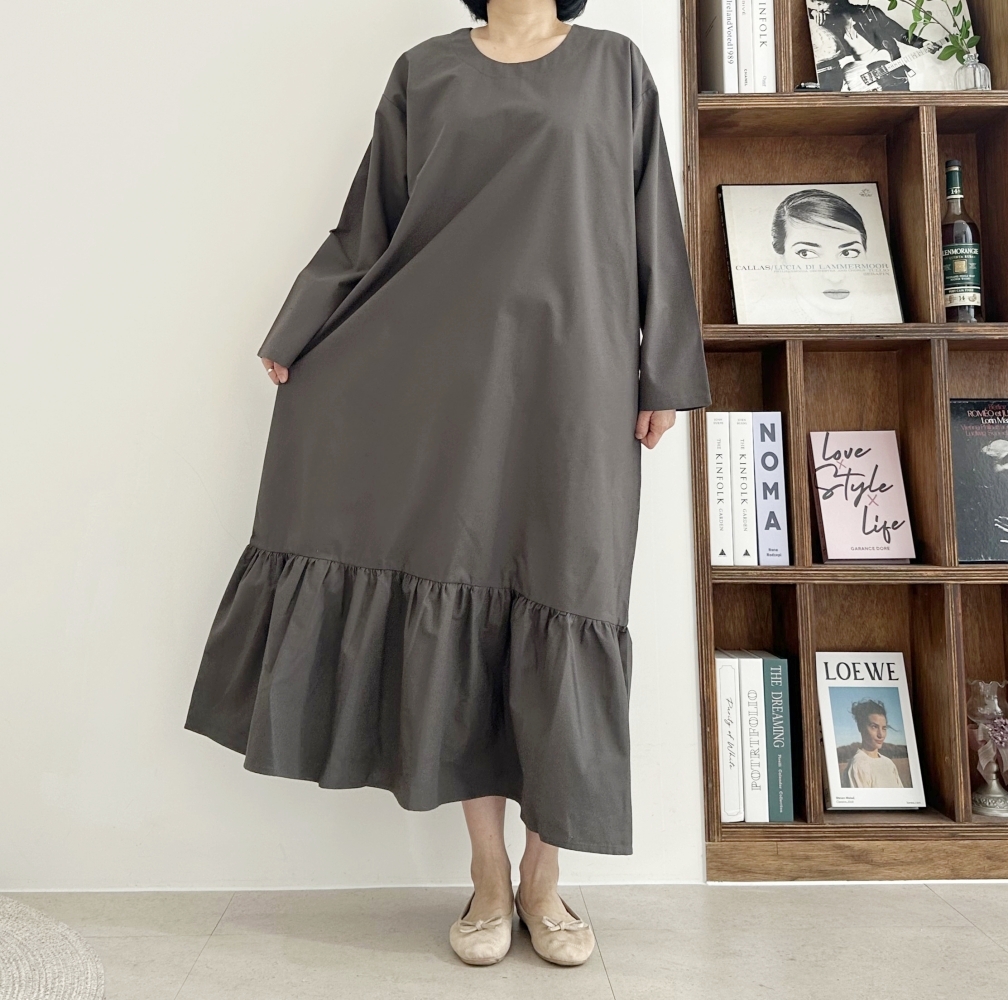 빅사이즈 자체제작 H라인 밑단 프릴 맥시 롱 원피스 긴팔 박시핏 하객 임산부 오피스 정장