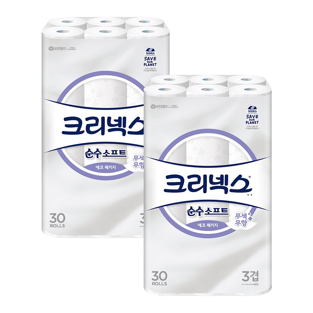크리넥스 3겹 순수소프트 에코패키지 27M 30롤 2팩