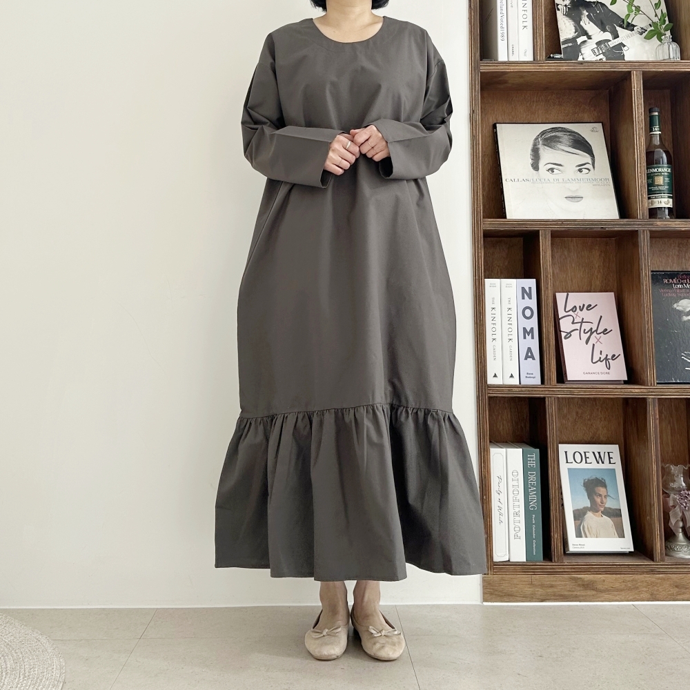 빅사이즈 자체제작 H라인 밑단 프릴 맥시 롱 원피스 긴팔 박시핏 하객 임산부 오피스 정장