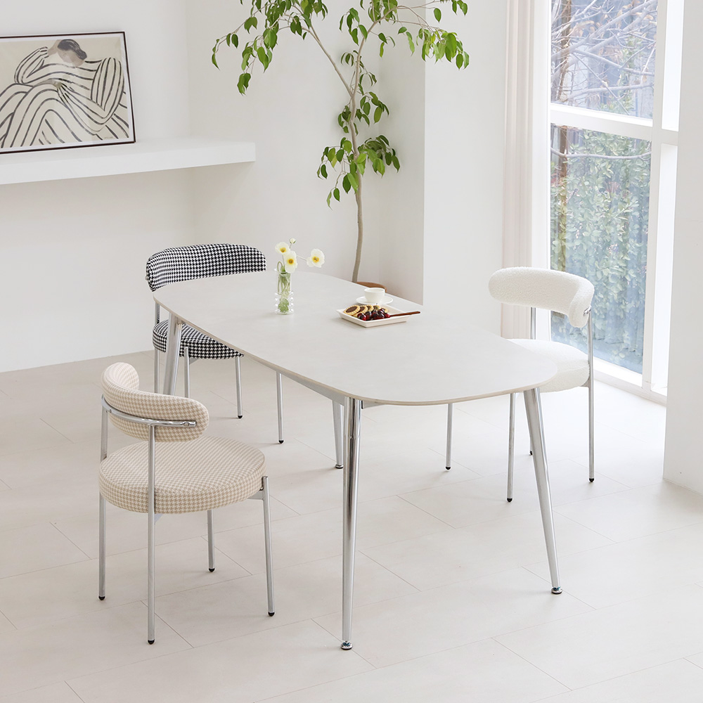 1+1 스위터 카페의자 미드센츄리 디자인 철제 업소용의자 실버프레임 베이지 패브릭 PU