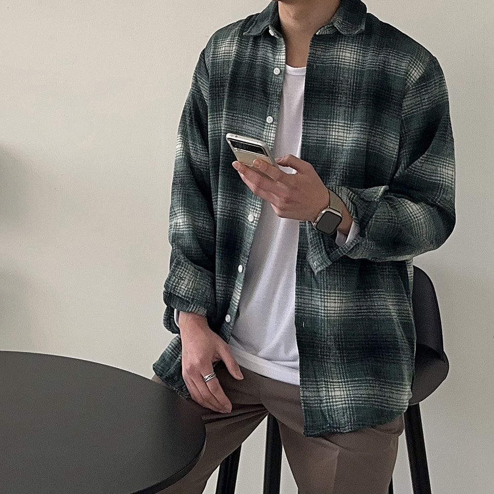 남자 체크 셔츠 오버핏 모직 겨울 기모 남방 남자 울 셔츠