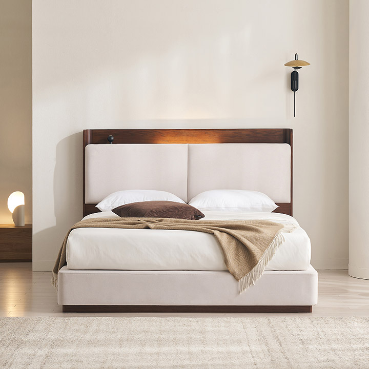 삼익가구 누오브 LED조명 패브릭 원목 침대 매트 -퀸 라텍스7존독립스프링, 월넛