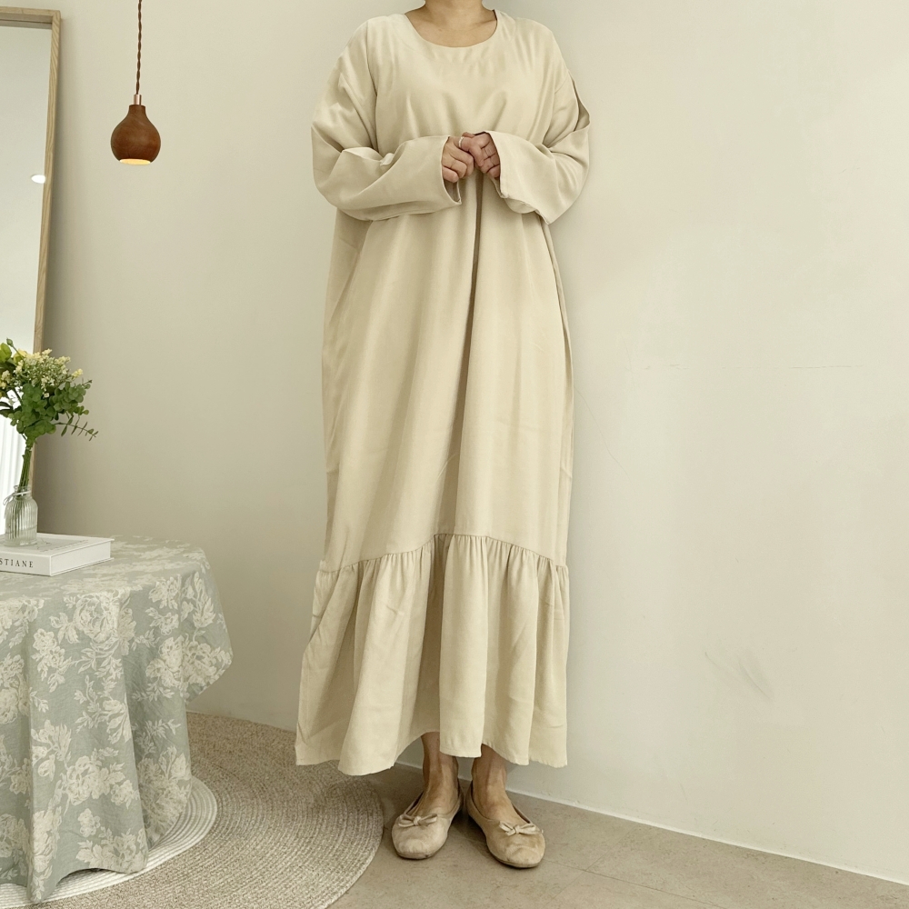 빅사이즈 자체제작 H라인 밑단 프릴 맥시 롱 원피스 긴팔 박시핏 하객 임산부 오피스 정장