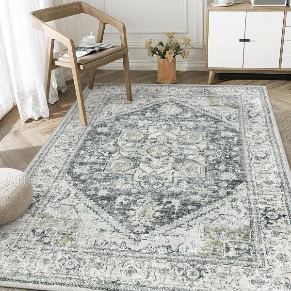 LIVEBOX 세탁 가능한 부분 러그 102 x 152cm4 6인치 - 보헤미안 침실 빈티지 로우 파일 실내 거실용 미끄럼 방지 레트로 카펫 프린트... 