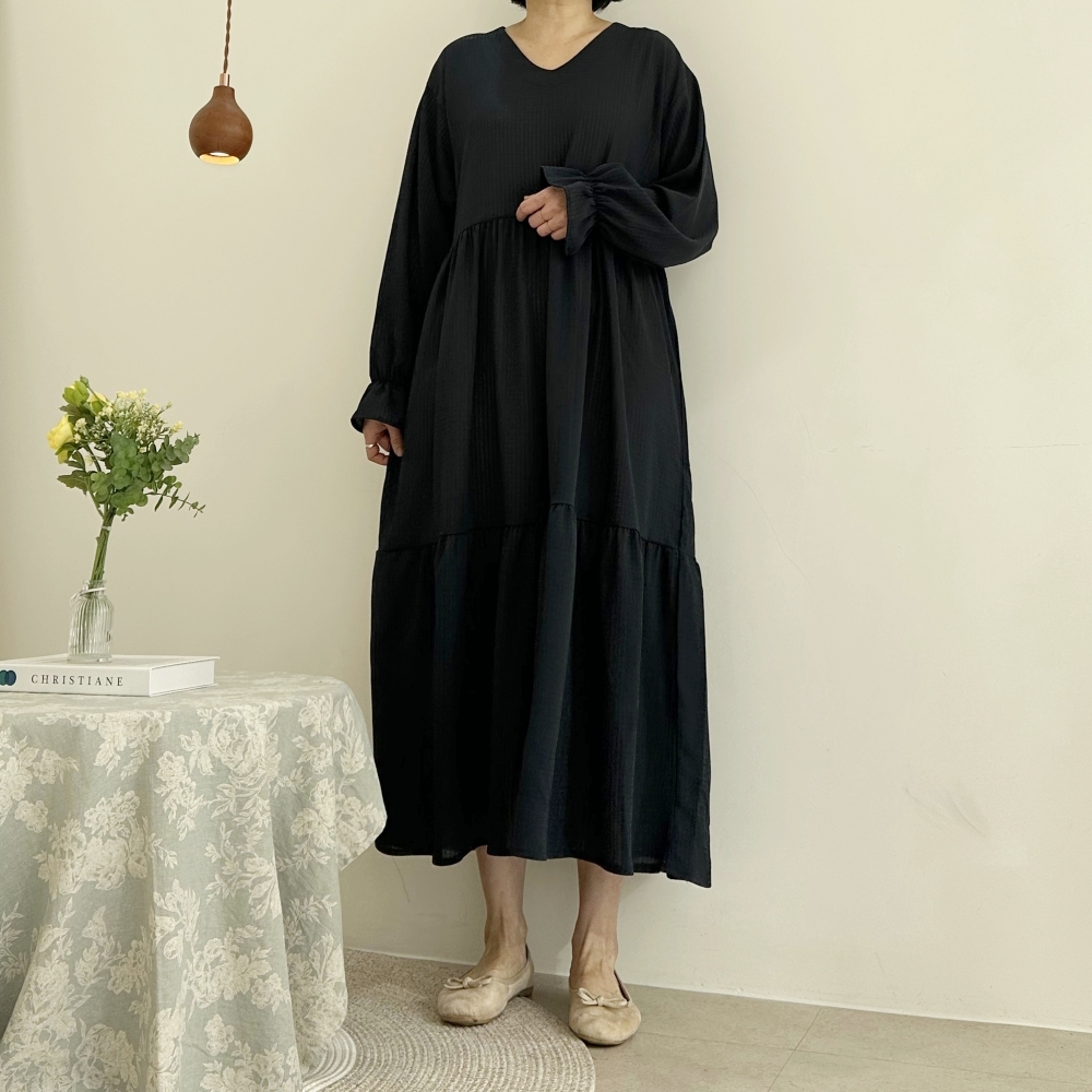 빅사이즈 자체제작 A라인 2단 캉캉 V넥 롱 원피스 긴팔 셔링소매 프릴 하객 정장 오피스