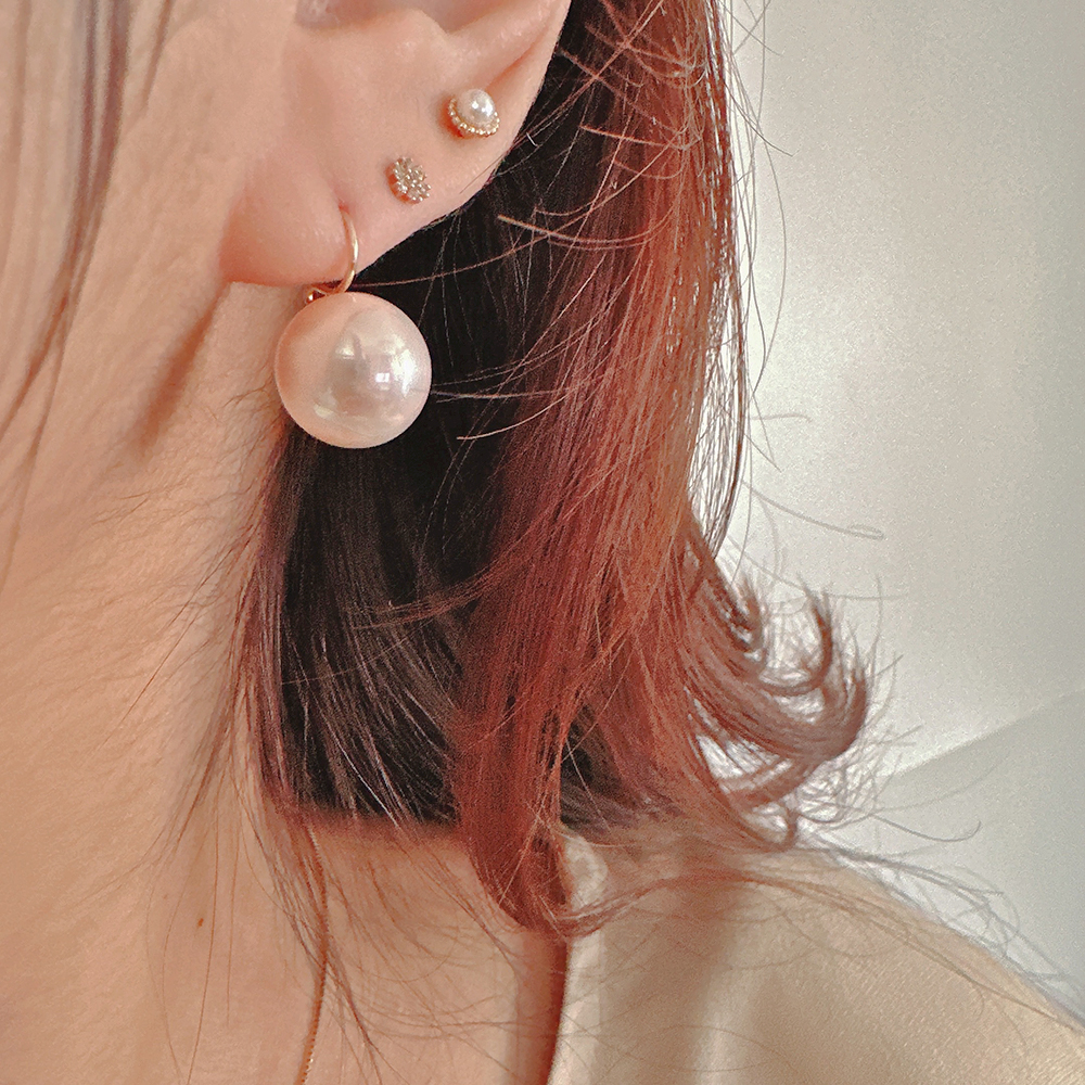 14K 화이트 핑크 왕 진주 드롭 귀걸이 12mm
