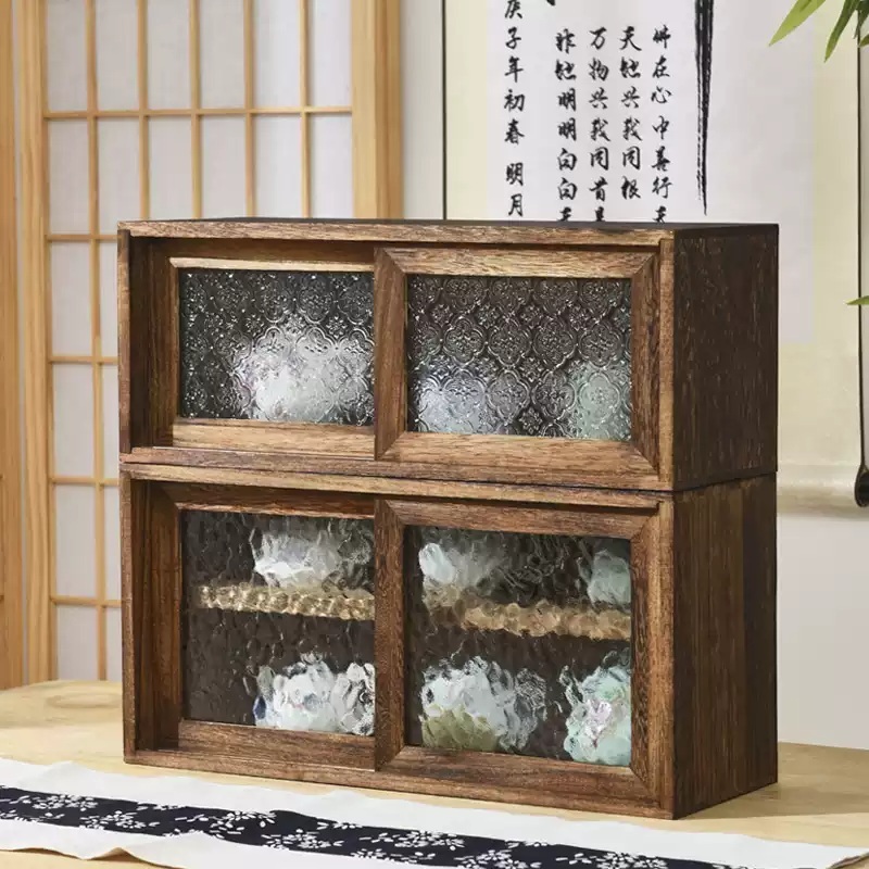 미니그릇장 레트로 원목 주방 미닫이찬장 빈티지 수납장 다기 찻잔 선반 엔틱 접시 컵 진열장 - 상세 이미지 4