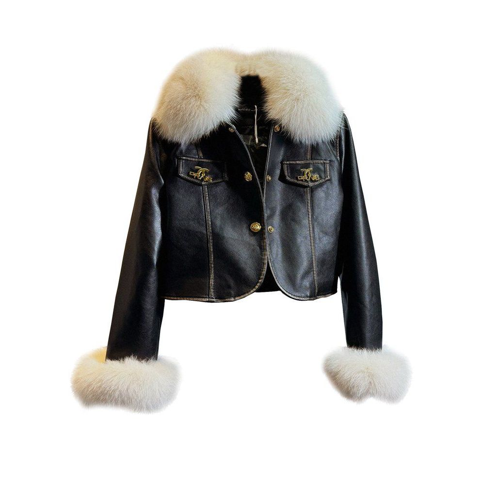 리얼 폭스모피 짧은 PU 가죽 슬림 탑 퀼트 재킷