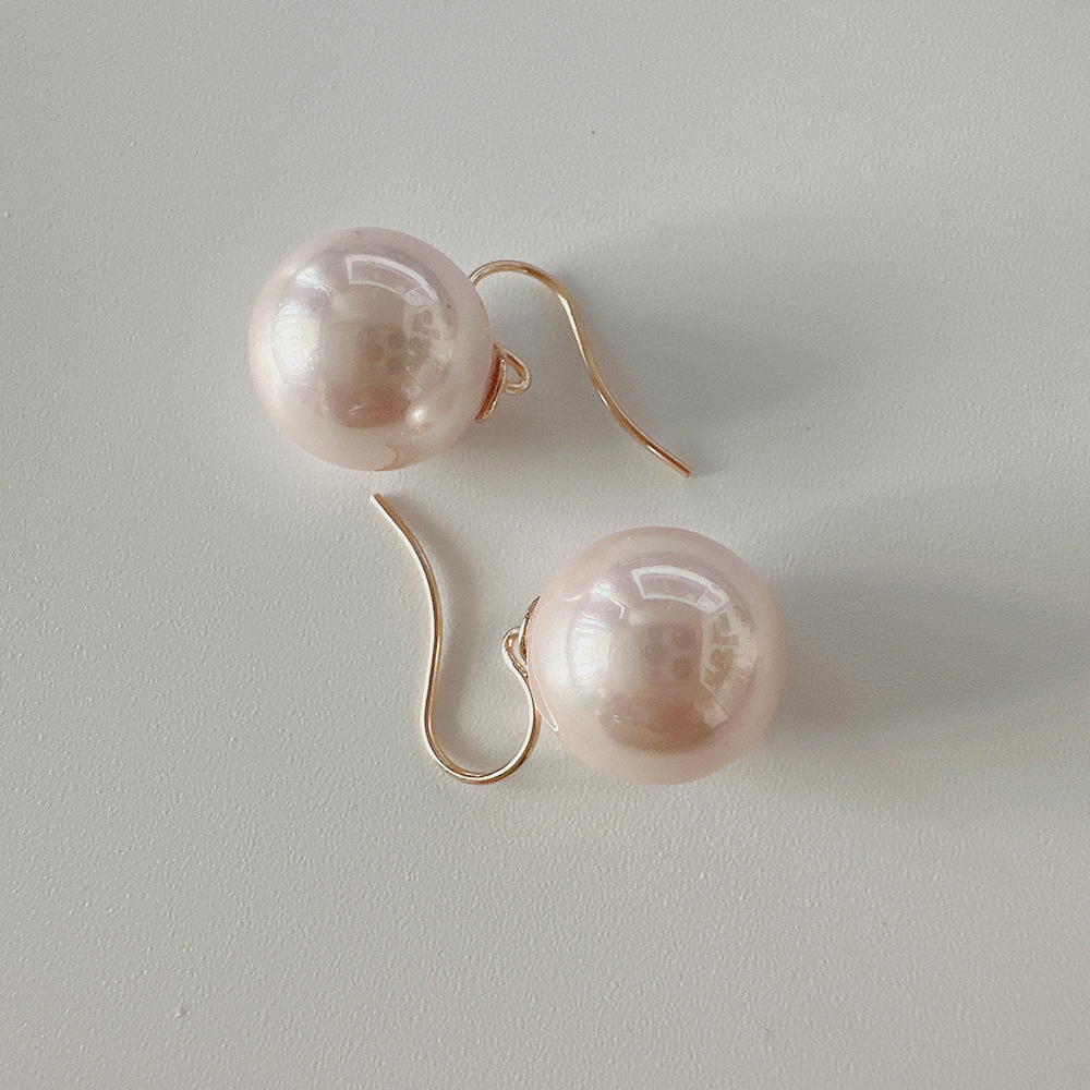 14K 화이트 핑크 왕 진주 드롭 귀걸이 12mm - 상세 이미지 2