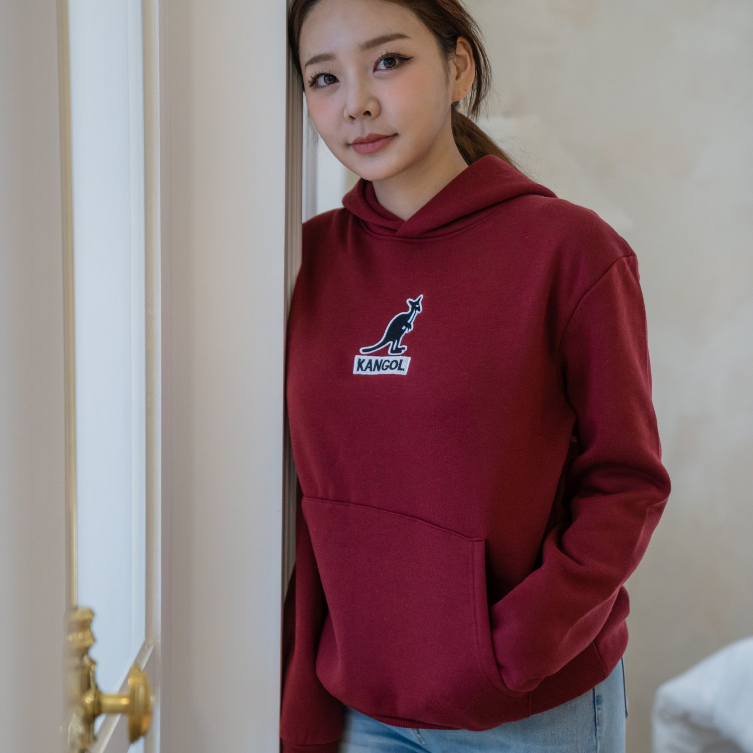 캉골 후드티 남녀공용 로고 마룬, M