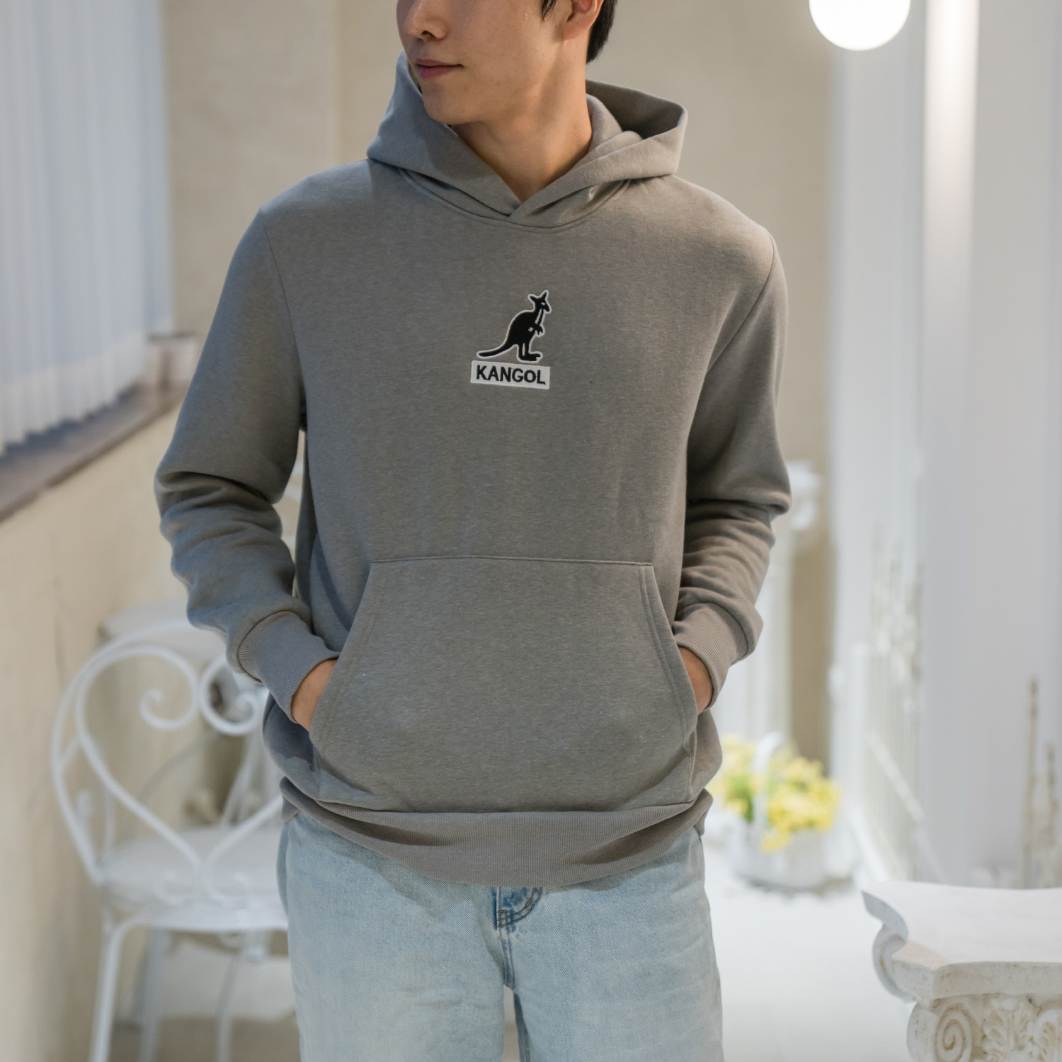 캉골 후드티 남녀공용 로고 그레이, L