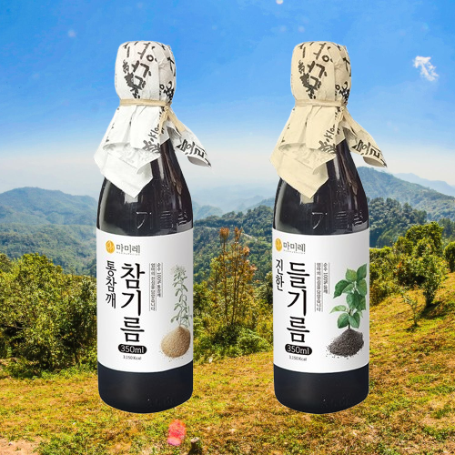 마미레 고소한 참기름 350ml 1병+들기름 350ml 1병 통참깨 전통압착 방식 방앗간 - 상품 이미지