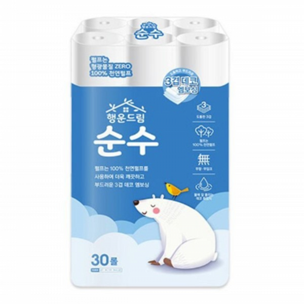 행운드림 순수 데코 롤 화장지 3겹 18m 30롤 휴지 엠보싱 : 아시미나