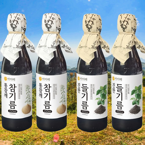 마미레 참기름 350ml 2병+들기름 350ml 2병 고소한 통참깨 전통압착 방식 방앗간 - 상품 이미지