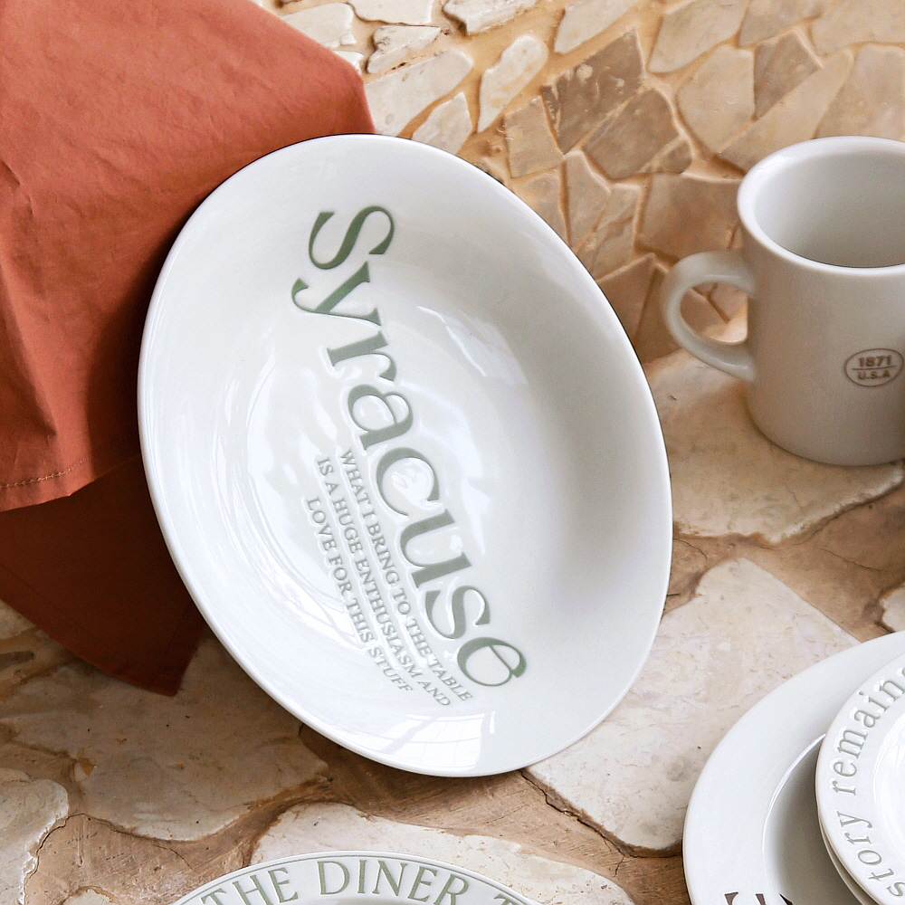 시라쿠스 레터링 그릇 빈티지 레트로 카페 브런치 플레이트 / 25cm, 오벌볼접시 그린 - 상세 이미지 2