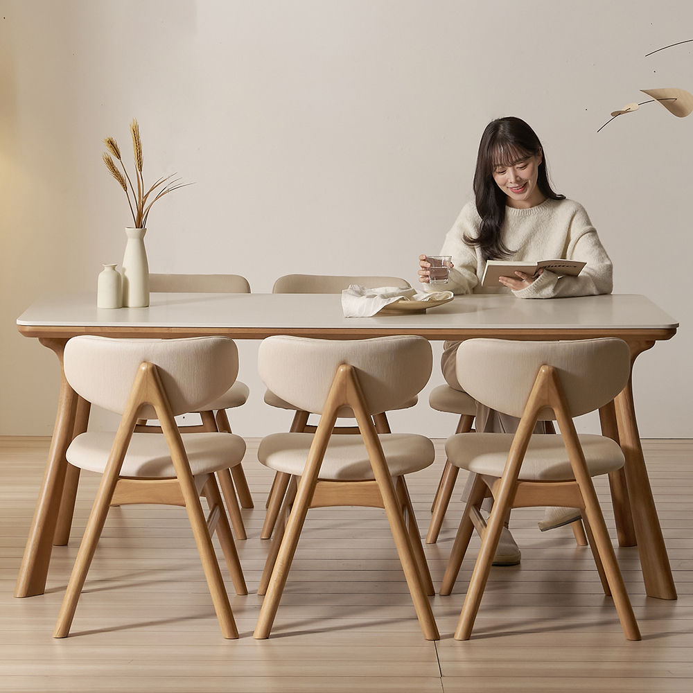앤틀러스 6인용 원목 포세린 세라믹 식탁세트 식탁+의자6, 1800mm, 쿠키