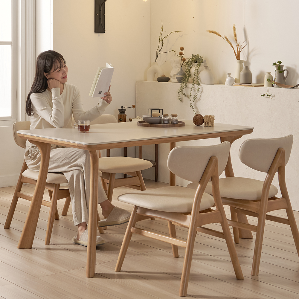 앤틀러스 4인용 원목 포세린 세라믹 식탁세트 식탁+의자4, 1400mm, 쿠키