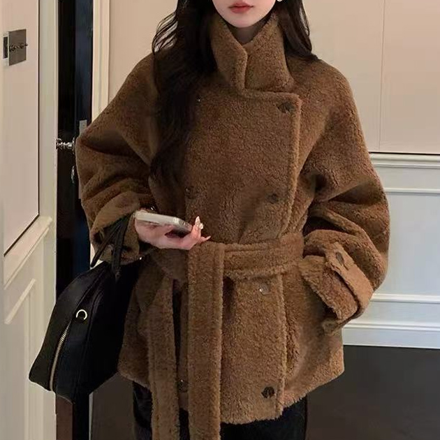 겨울 양털 오버핏 벨트 코트 여성 캐주얼 아우터 - 상품 이미지