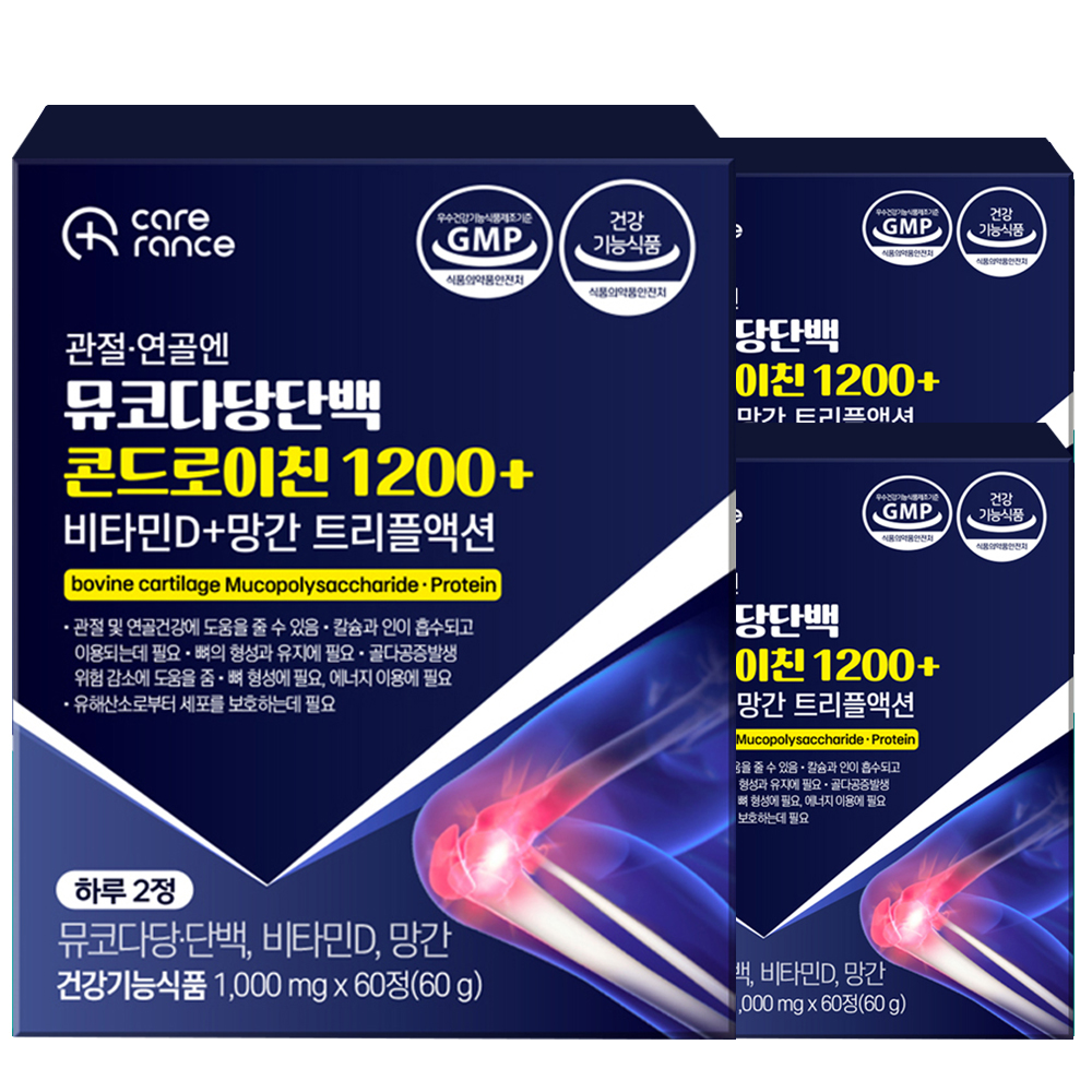 케어란스 뮤코다당단백 콘드로이친 1200+ 비타민D+망간 1,000mg 60정, 3개 - 메인 이미지