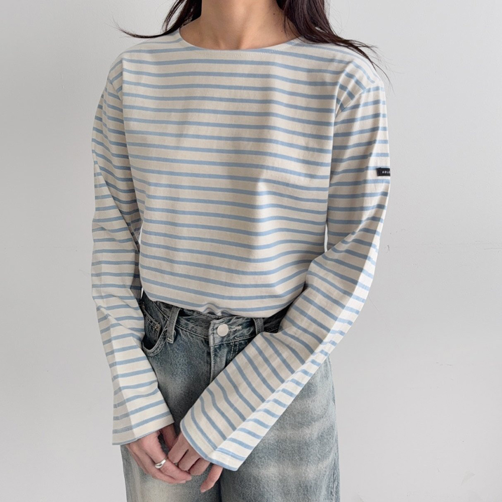 오버핏 단가라 면티셔츠 여성 긴팔 박스티 스트라이프 - 상세 이미지 4