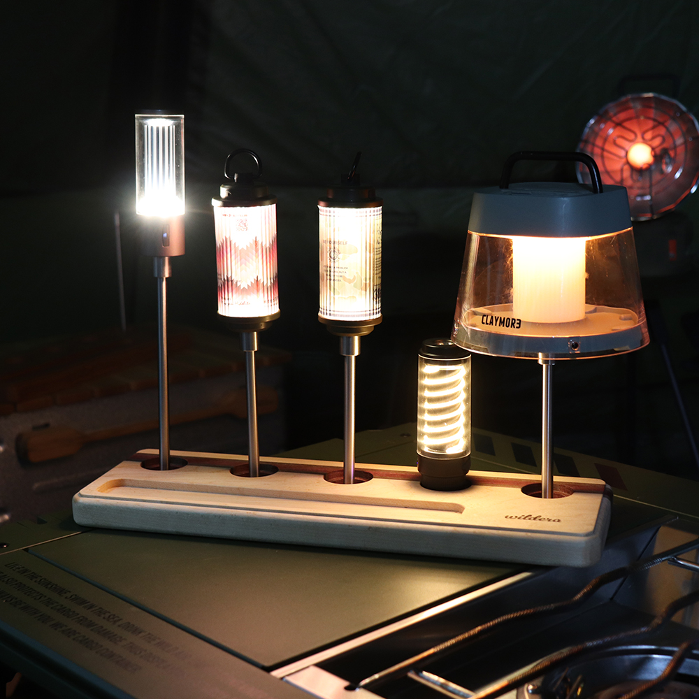 윌데라 랜턴스탠드 원목 5구 캠핑 수납 미니조명 나무 거치대 스트라이프