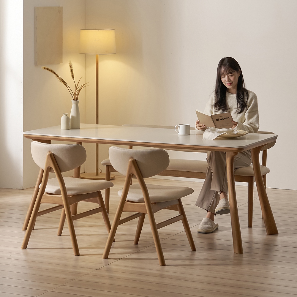 앤틀러스 6인용 원목 포세린 세라믹 식탁세트 식탁+의자2+벤치1, 2000mm, 쿠키