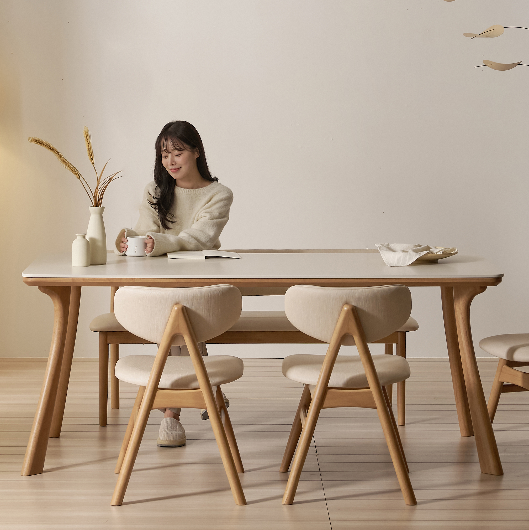 앤틀러스 6인용 원목 포세린 세라믹 식탁세트 식탁+의자2+벤치1, 1800mm, 쿠키